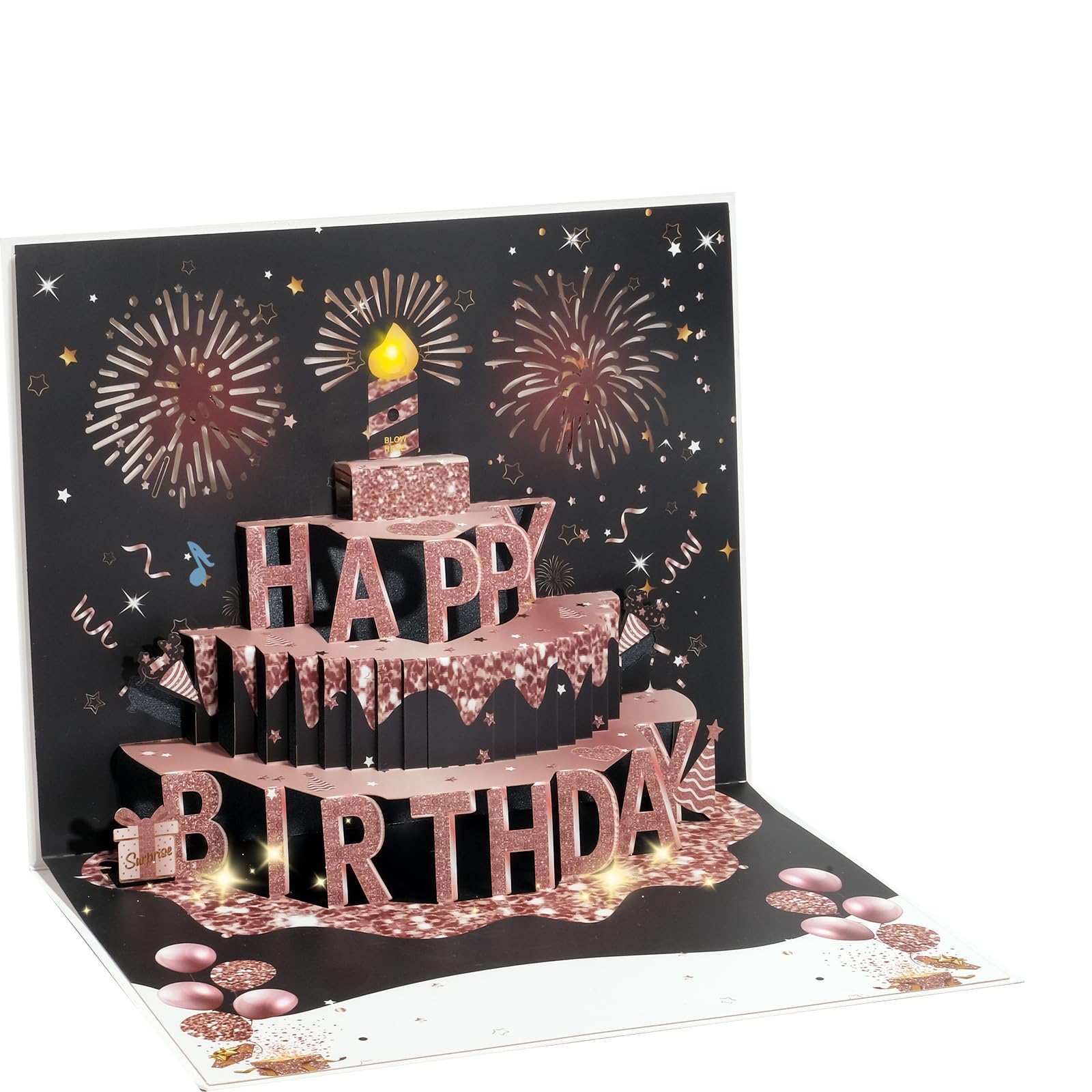 CANREVEL Birthday Cards 3D Pop Up Fireworks Greeting Cards, Musical & LED Lights Happy Birthday Gifts Card with Blowable Candle Cake for Women, Men -
