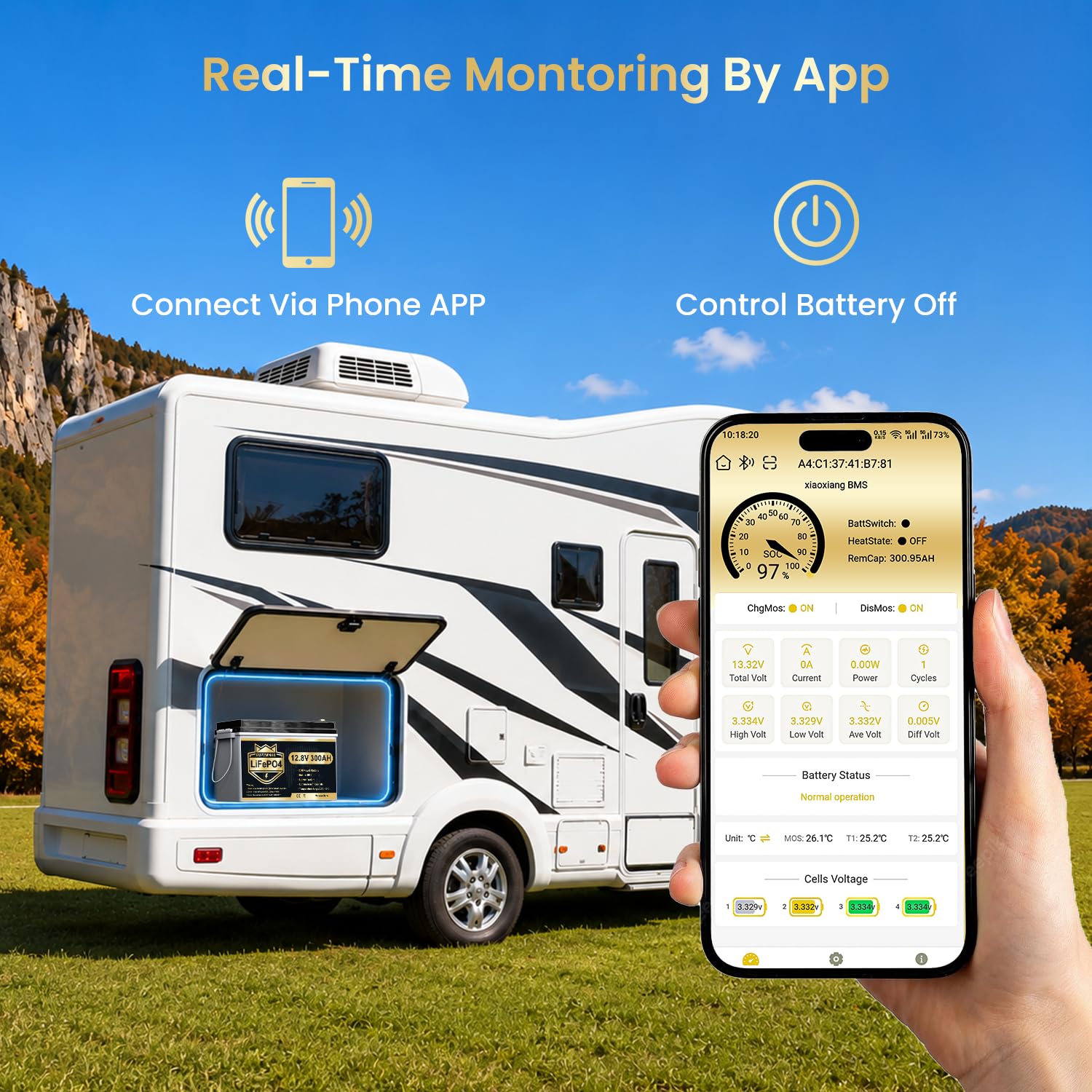 Batterie LiFePO4 12V 300Ah avec Bluetooth, BMS 200A, jusqu'à 15000 cycles, max 3840Wh, protection basse température, cycle profond, design compact, pour camping-car, solaire, moteur électrique