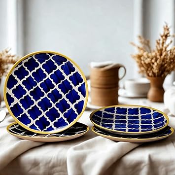 Freakway Moroccan Plates Pair Handpainted Ceramic Dinner Plates Dinnerware Serving Plate Thali Ceramic Plates for Dinner (10 Inch, Set of 4 Pieces, Microwave & Dishwasher Safe)-Premium