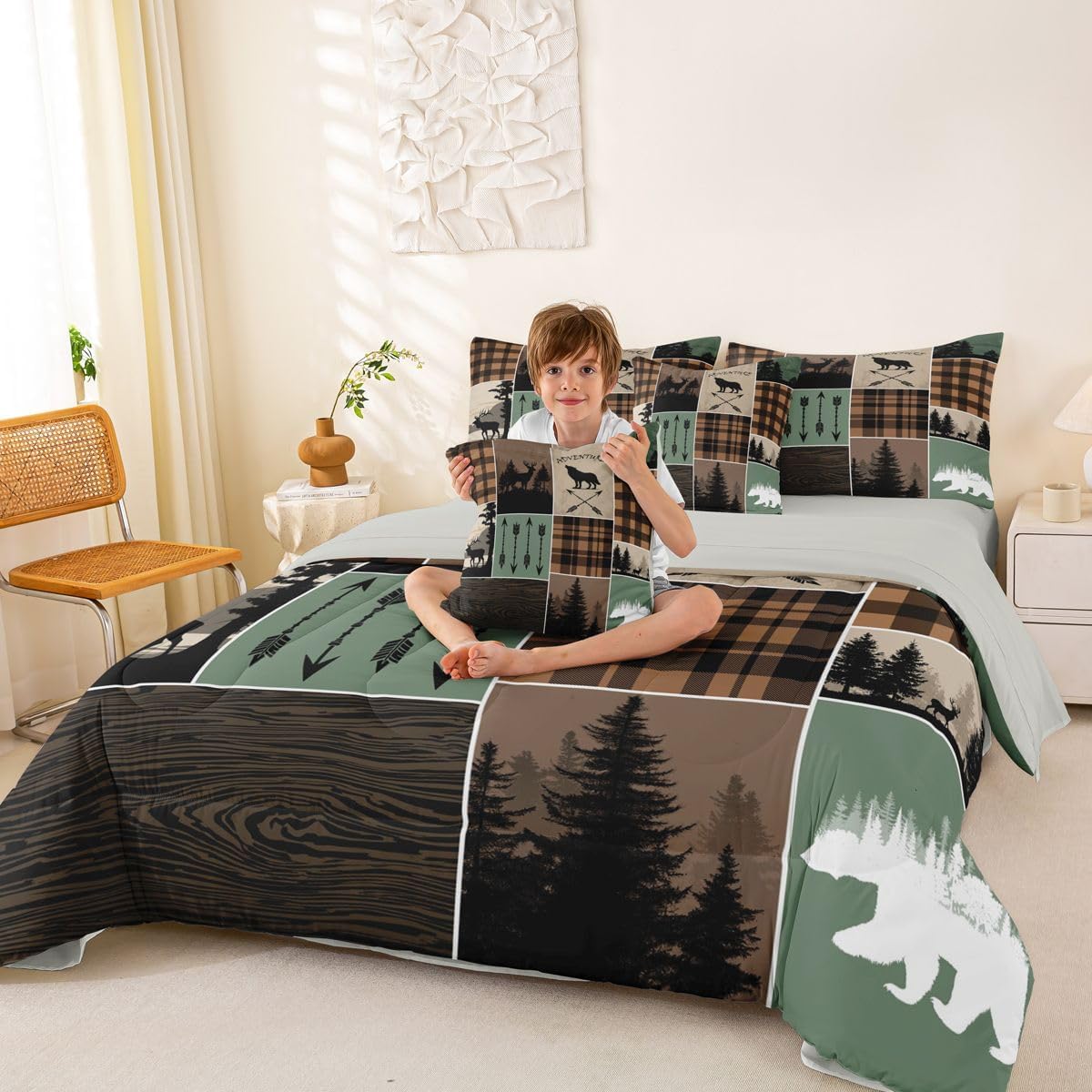 Farmhouse Rustic Comforter Set With Sheets Twin Size Wolf Bear Deer 7 Piece Bedding Set For Boys Teens Bedroom Hunting Wild Animal Bed In A Bag Plaid Arrows Adventure Patchwork Bed Sets, Brown Green