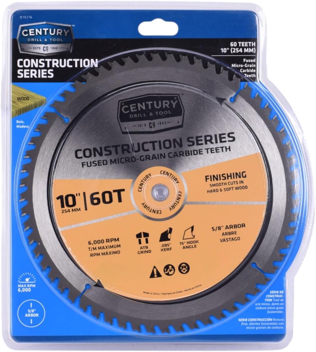 Century Drill & Tool 10216 10" 60T Construction Circular Saw Blade, Durable C3 Carbide Teeth, Heat Vents, Precise Cuts, Low Vibration