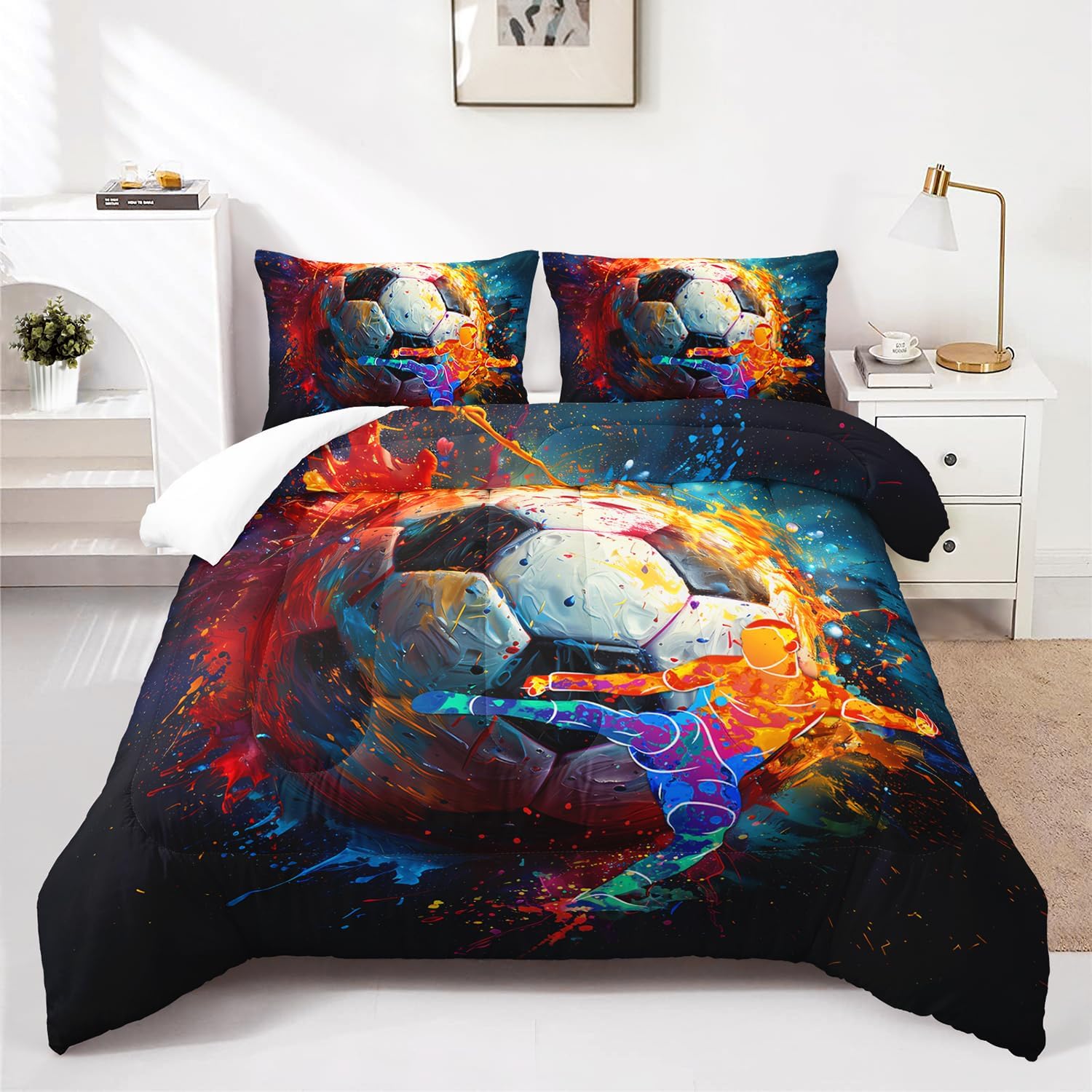 AILONEN Sport Soccer Comforter Set Queen Size,3D Oil Painting Football Printed Bedding Set Decor,Football Player Soft Microfiber Comforter with 2 Pillowcases,3-Piece All Season