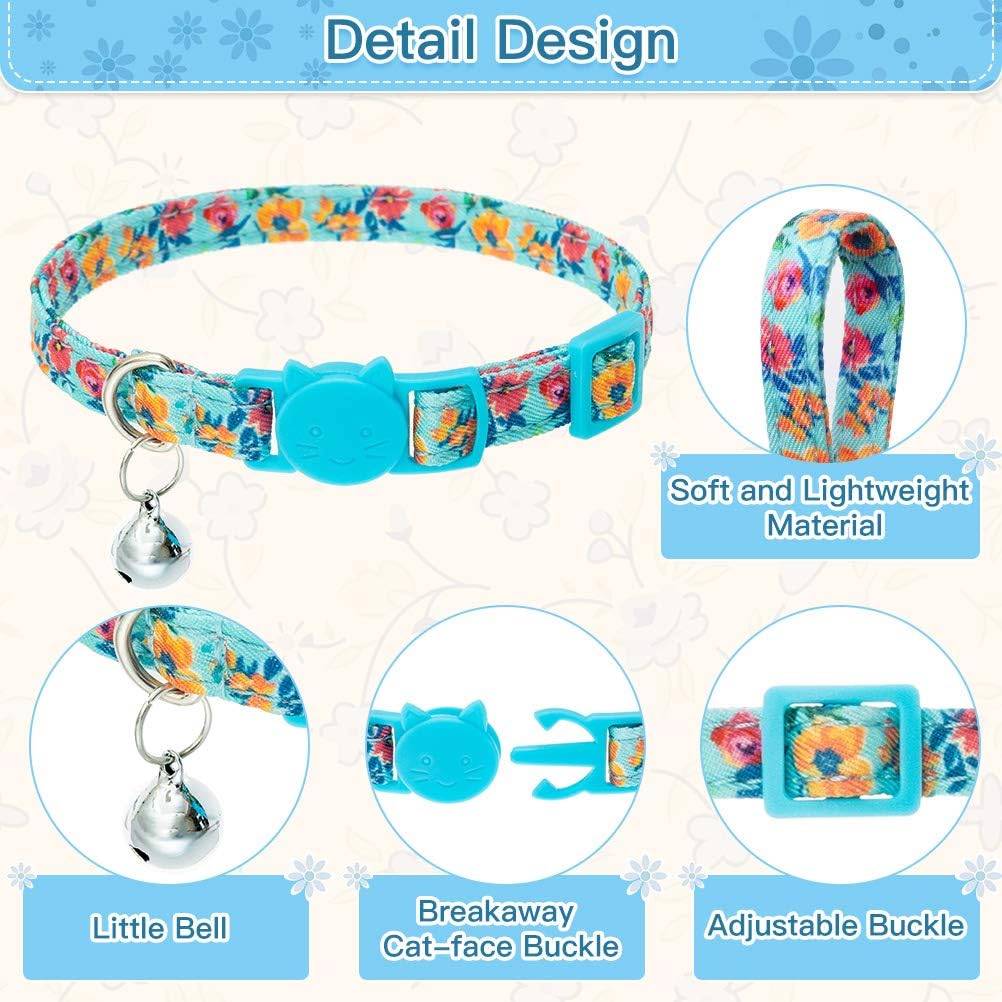 BINGPET Spring Cat Collars - Breakaway Cat Collars with Flower and Bell, 2 Pack Adjustable Soft Pet Kitten Collars with Adorable Floral Patterns and Detachable Flower Accessories for Cats Kitties