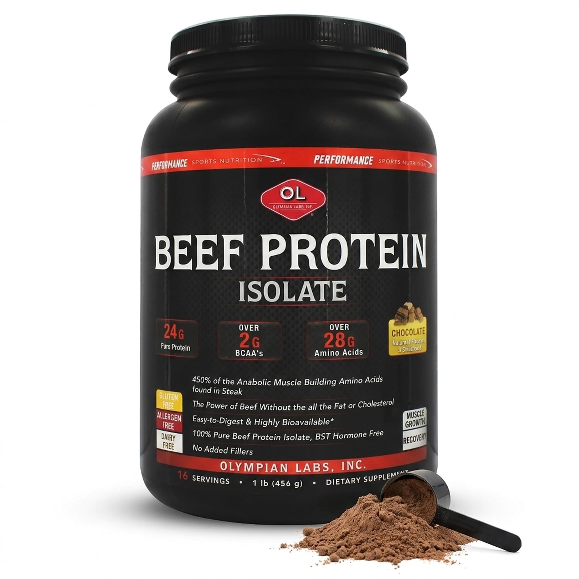 Olympian Labs Beef Protein Isolate Powder, 24g Protein, BST Free, 2 Grams BCAA's, Muscle Building Amino Acids, 1 Pound, Flavored with Real Chocolate 1 Pound (Pack of 1)
