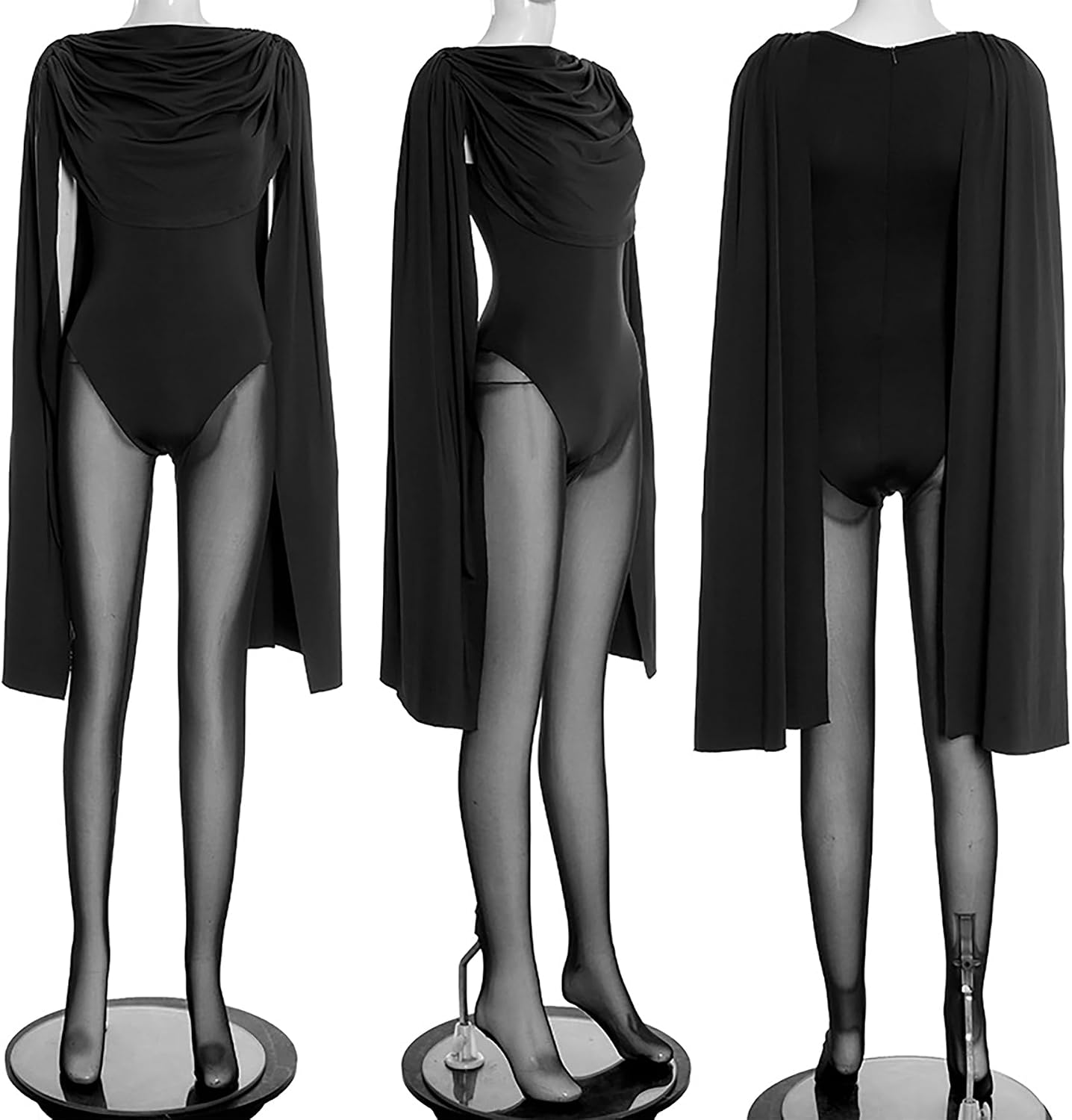 LETSVDO Bodysuits for Women Ruched Cowl Neck Cape Sleeve Shapewear Romper Club Night Sexy Shawl Bodycon Jumpsuits