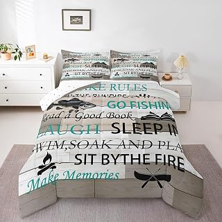 Lake House Bedding Set Queen Size,Fishing and Boating Comforter Set 3pcs Kids Teens Boys Men Bedroom Decor Rustic Farmhouse Wood Quilted Duvet Outdoor Adventure Camper Duvet Insert,2 Pillowcases