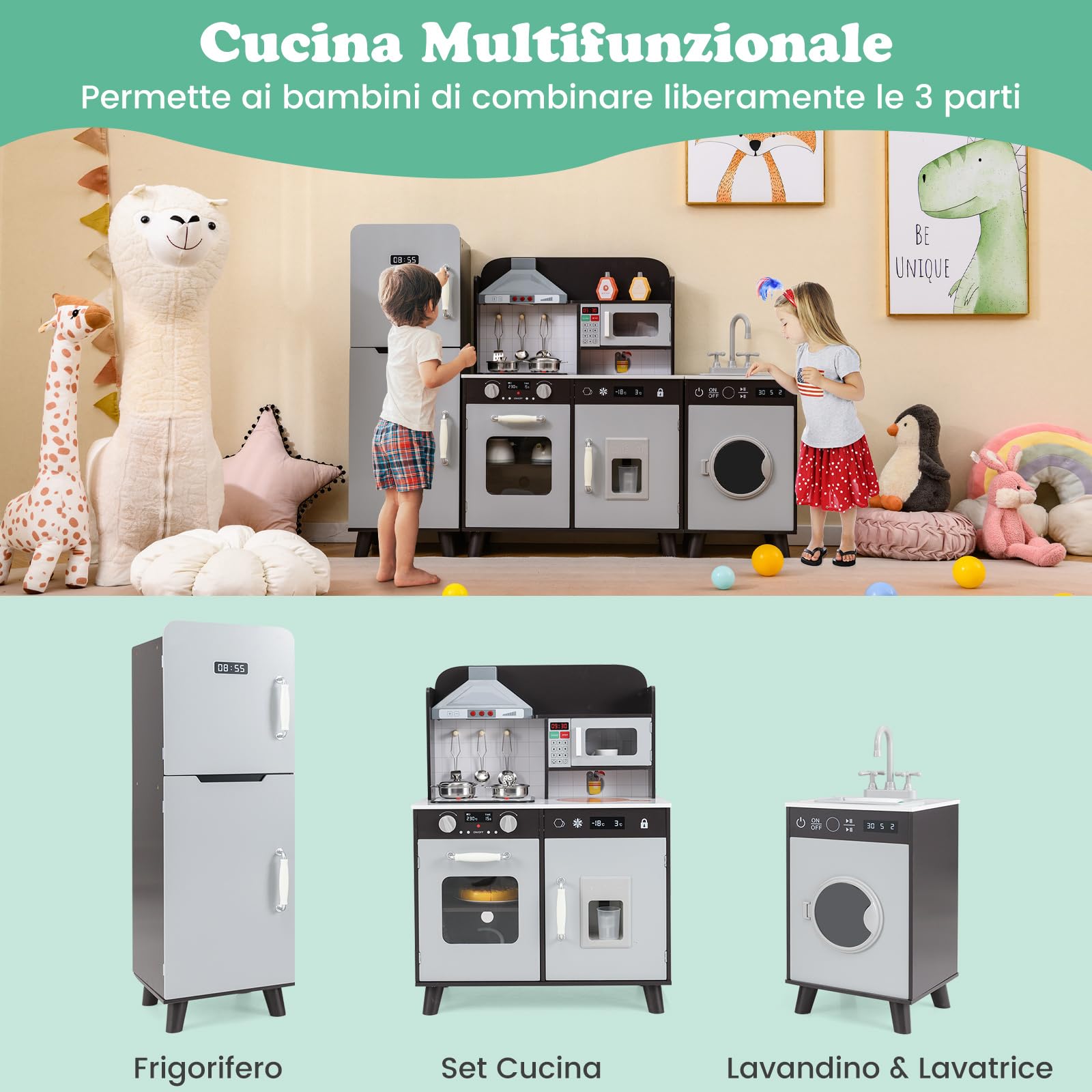 RELAX4LIFE 3 IN 1 Cucina Giocattolo per Bambini, Mini Cucina in Legno, Suoni e Luci Realistici, Cucina Giocattolo con Lavello, Fornelli, Frigorifero, per Bambini 3+ Anni (Marrone)