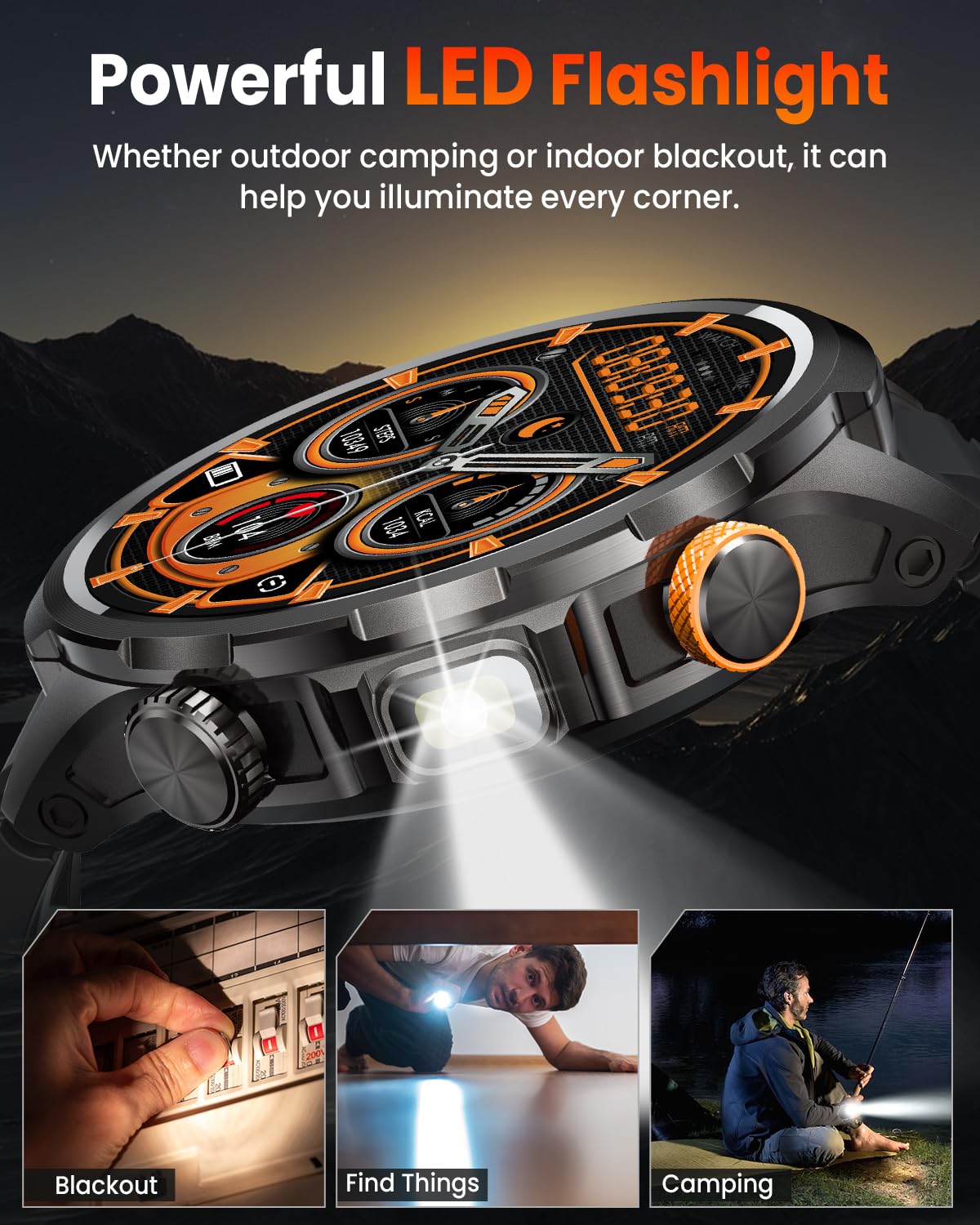 Reloj Inteligente Hombre con 1000mAh Batería y Linterna, 1.91" AMOLED, 5ATM Impermeable Smartwatch Militar con Llamadas, 113 Modes Sportifs, 24/7 Pulsómetro/Oxímetro/Sueño/Podomètre/Android iOS