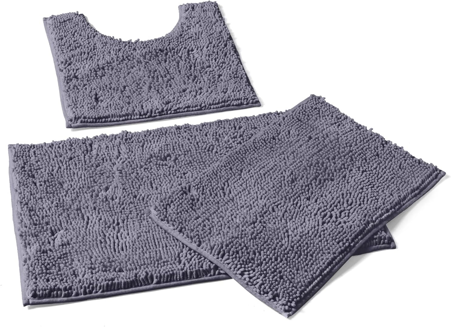 Luxurious Bathroom Comfort Bundle: U-Shaped Contoured Toilet Rug, Extra-Soft Plush Chenille Bath Shower Rug Set (Dark Gray, 3-Piece)