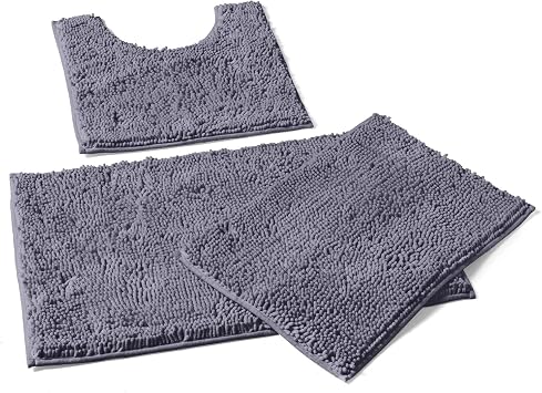 LuxUrux Contemporary Dark Grey Bath Ensemble Plush Chenille Mat Set + Luxe Microfiber Shag Rug 31x20 + 20x20 U, 24x17