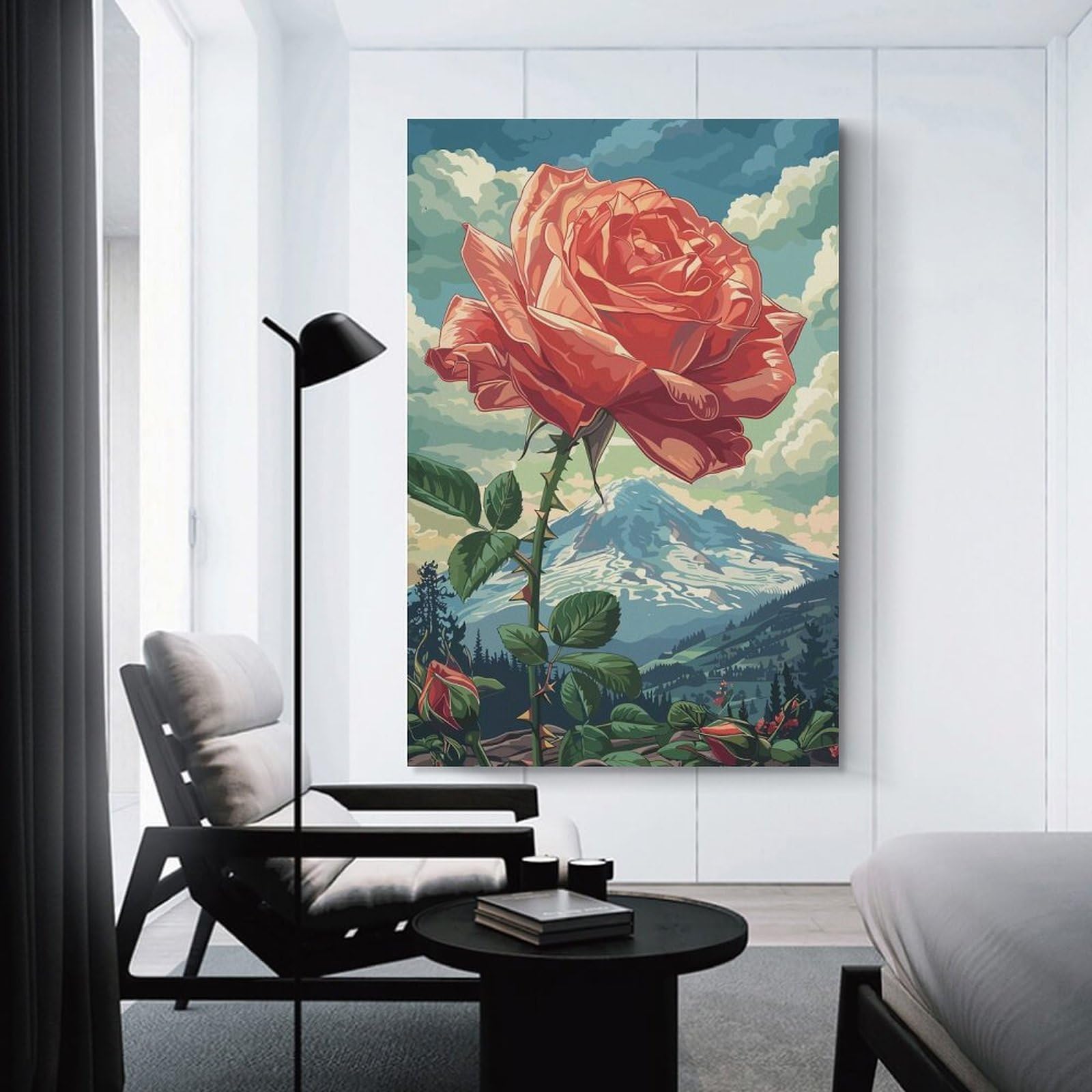 Junmoney Rose And Mountain Canvas Wall Decor, 12x18inch(30x45cm), for Bedroom, Guest Room Or Reading Nook, Canvas Wall Decor for Personal Spaces