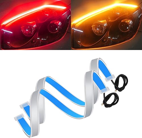 Miniatura 9 de Qasim Paquete de 2 luces LED de 23.6 in blancas y amarillas DRL LED de circulación diurna de flujo automático, tira de guía de señal direccional,