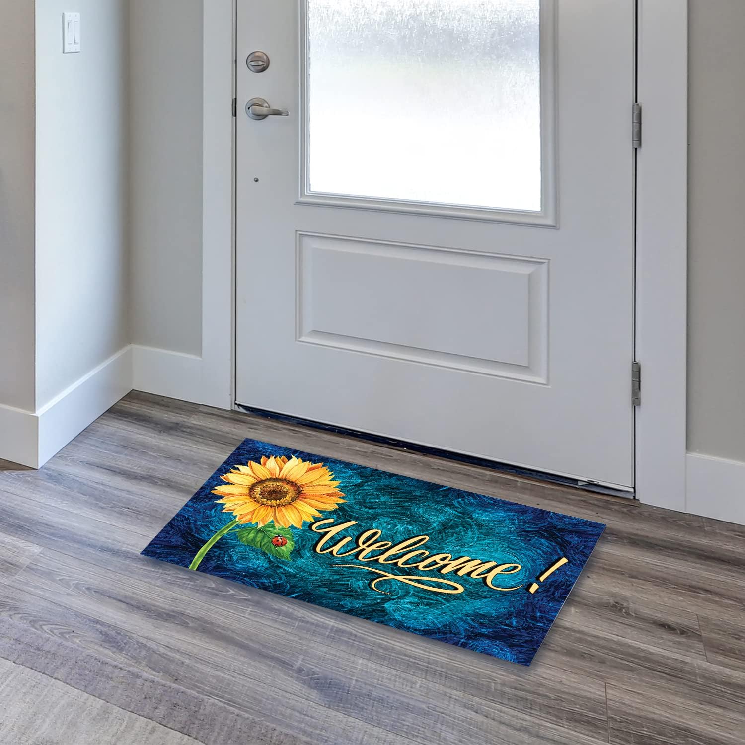 America Forever Sunflower Welcome Doormat 17.5 x 29 inch Flowers & Ladybugs Summer Spring Floral Non Slip Rubber Backing Low Profile Decorative Floor Mat Rug for Indoor Outdoor Front Door Entrance