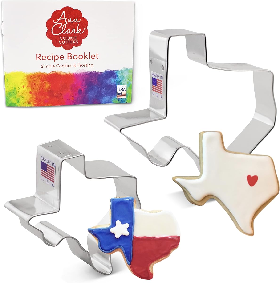 Ann Clark Juego de 2 cortadores de galletas del estado de Texas, fabricados en los EE. UU. | Incluye formas grandes y pequeñas de Texas, el cortador de galletas más grande de Estados Unidos, acero americano apto para alimentos, propiedad familiar desde 1989