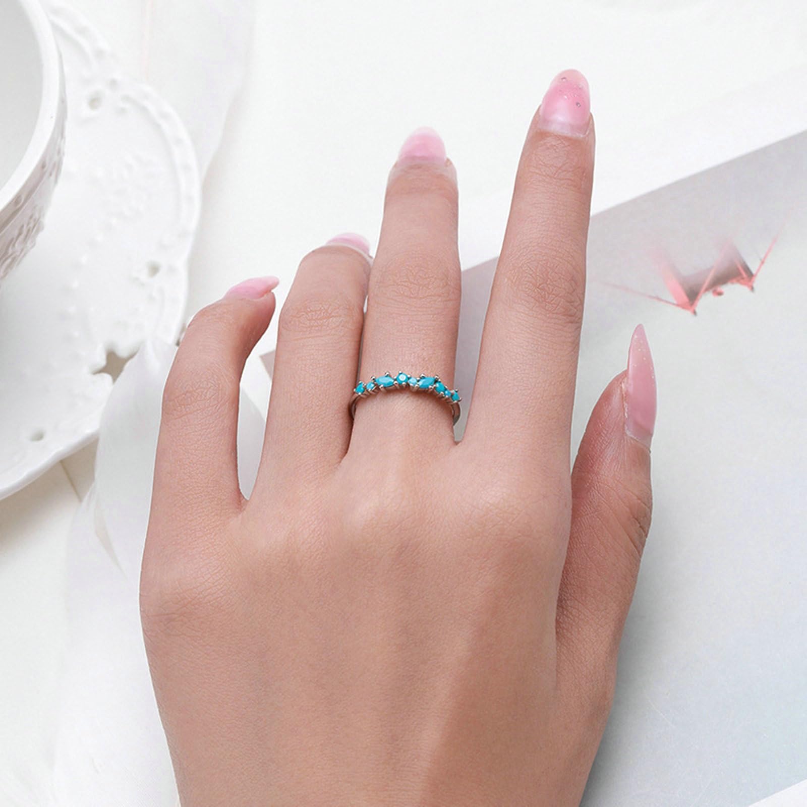 Alianzas de boda para mujer, anillo de compromiso de oro blanco de 18 quilates, simple marquesa, redondo, turquesa, anillo de boda de oro blanco para mamá, novia, novia