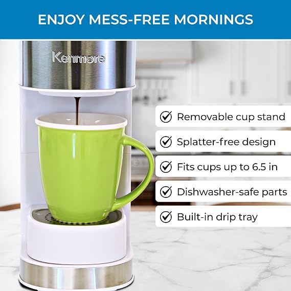 Kenmore Single Serve Coffee Maker Compatible with Keurig KCup Pods & Ground Coffee, One Cup Brewer, 612 Oz Brew Sizes, Travel Mug Friendly, Auto ShutOff, Hot & Iced Maquina de cafe, White