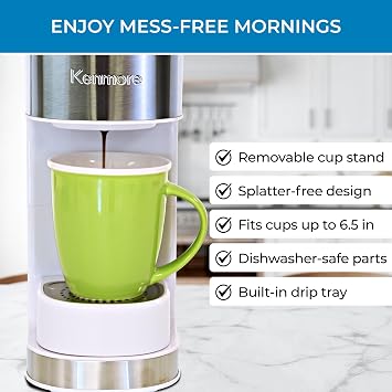 Kenmore Single Serve Coffee Maker Compatible with Keurig KCup Pods & Ground Coffee, One Cup Brewer, 612 Oz Brew Sizes, Travel Mug Friendly, Auto ShutOff, Hot & Iced Maquina de cafe, White