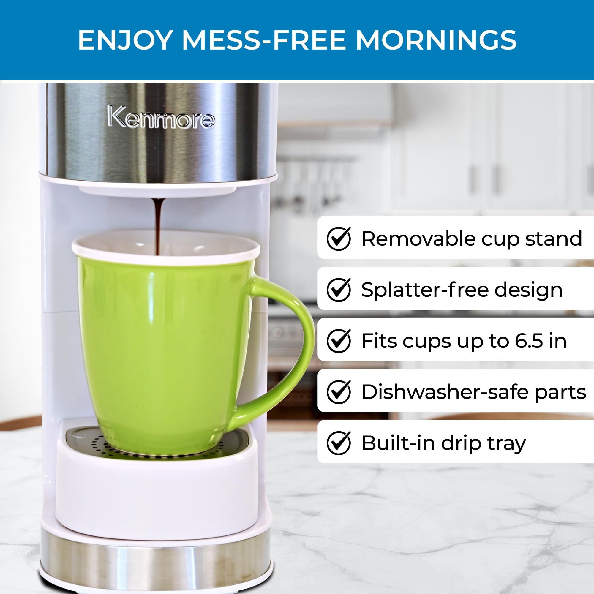 Koolatron Kenmore - Cafetera de una sola porción y taza de viaje de acero inoxidable, cápsula/cápsula y café molido, compatible con K Cup, máquina de café caliente y helado, tamaños de preparación de