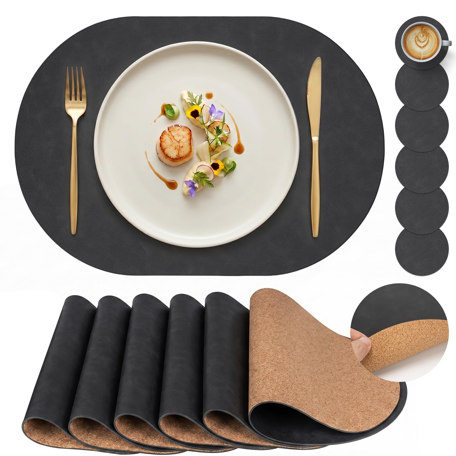 PROMATTOO Premium Oval Faux Leather Placemats with Coasters, Set of 4/6 Dining Table Mats, Cork-Effect Non-Slip Backing, Heat-Resistant Wipe-Clean Place Mats for Dinner, Coffee and Home Decor
