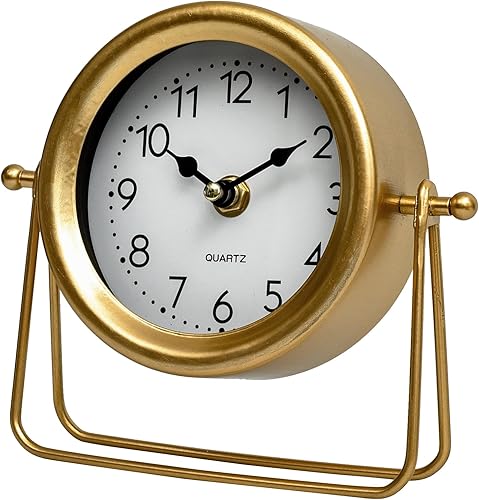 Miniatura 2 de Reloj de escritorio y estante dorado pequeño, 6.9 x 5.9 pulgadas, retro, elegante, reloj de mesa con cubierta de vidrio, silencioso sin tictac,