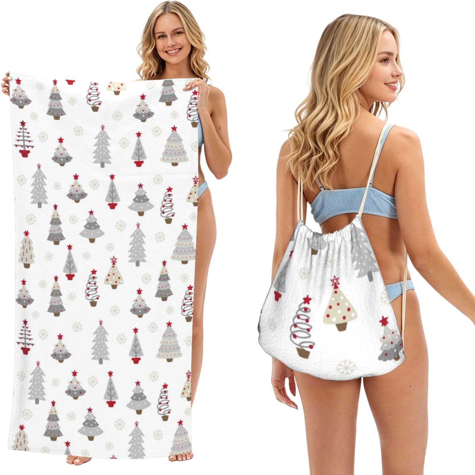 Poadnly Christmas Tree Pastel Gray, 2 in 1 Packable Towel Bag, Beach Towels with Drawstring Backpack for Travel Holiday Camping