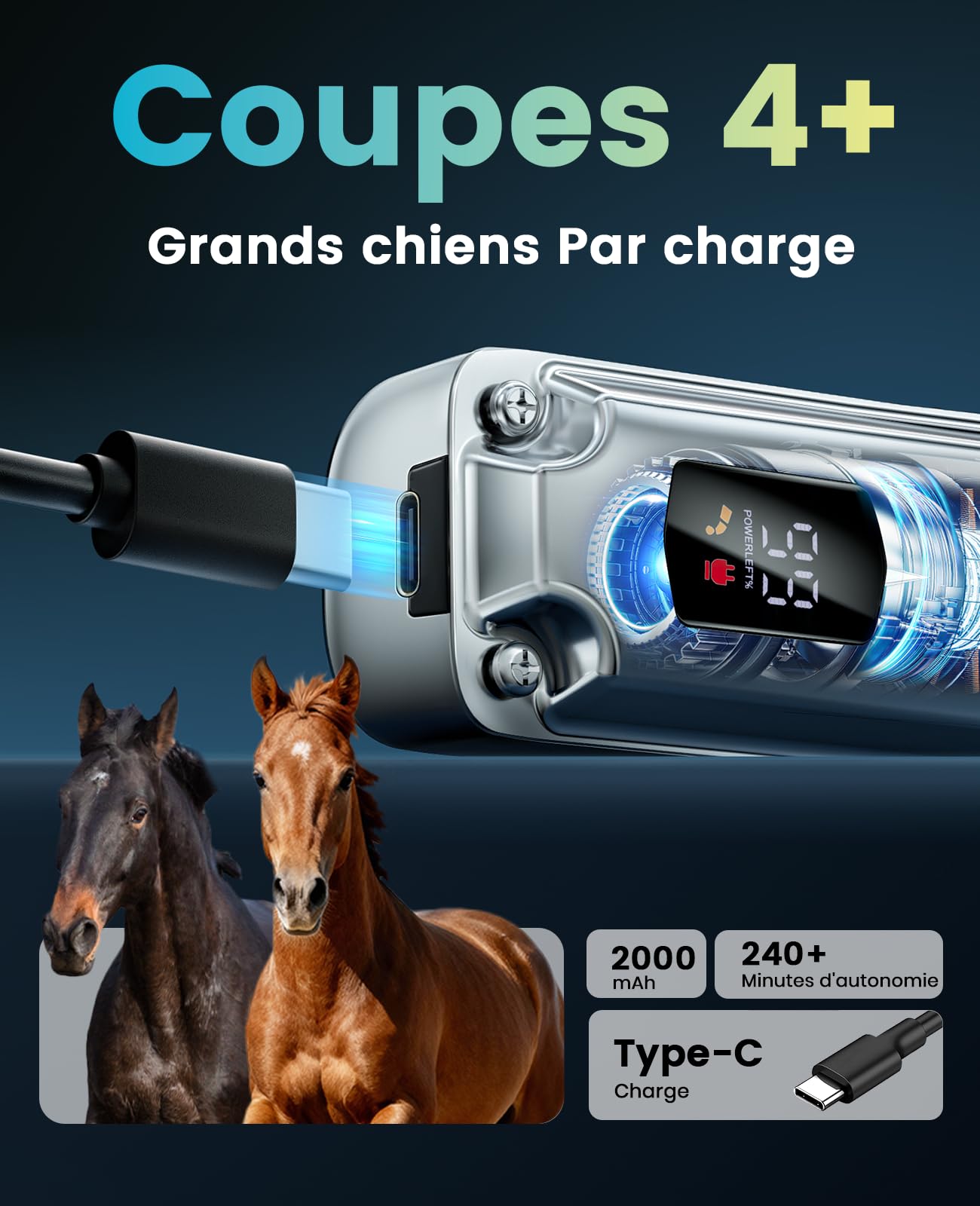 oneisall Tondeuse sans fil silencieuse pour chevaux, tondeuse rechargeable pour chevaux avec 6 accessoires et lame amovible en acier inoxydable, autonomie de 4 heures, tondeuse pour chevaux et chiens