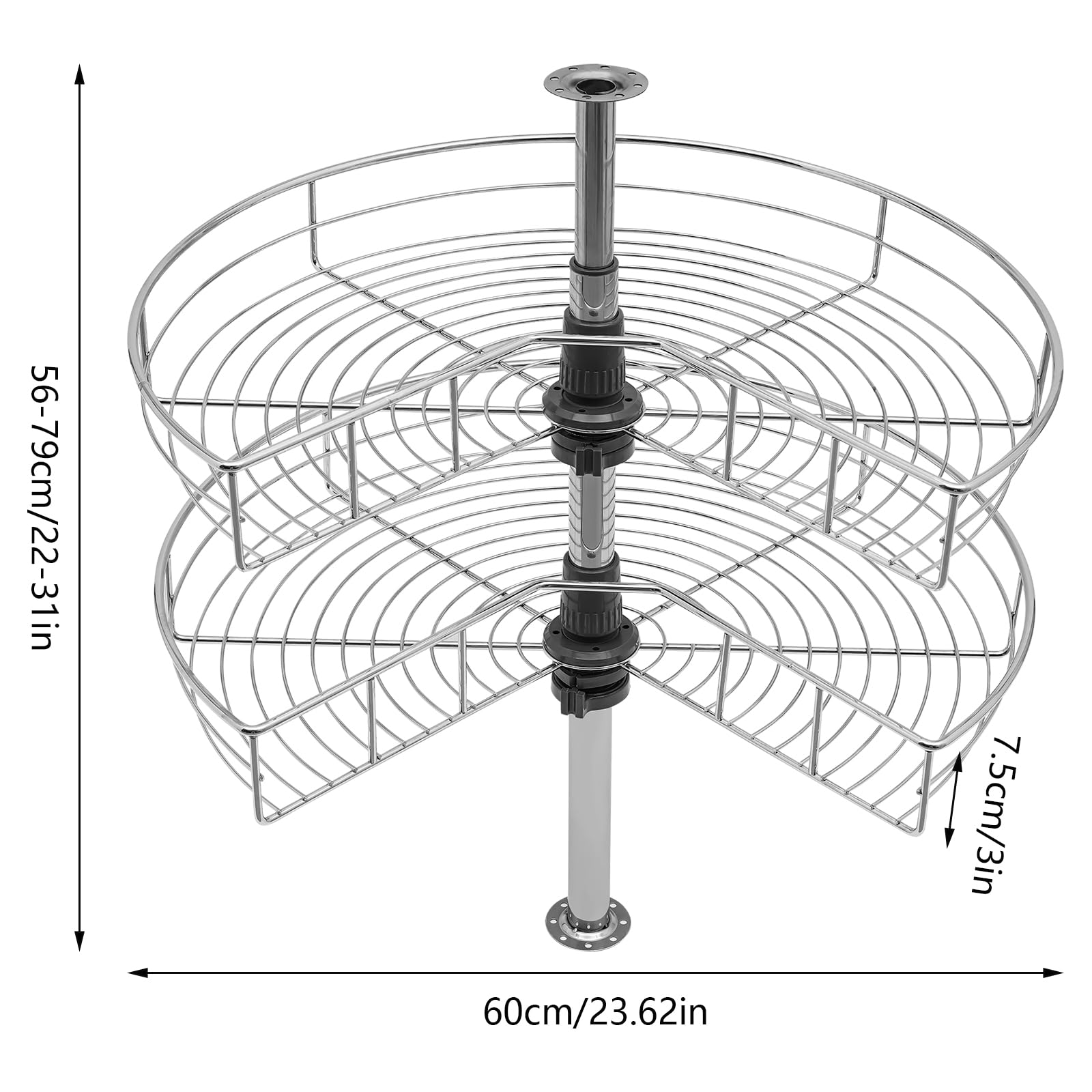24inch Kidney Shaped Lazy Susan Corner Organizer, 2 Tier Lazy Susan Turntable for Cabinet, 270° Rotating Storage Shelf Rack, Adjustable Height 22-31inch