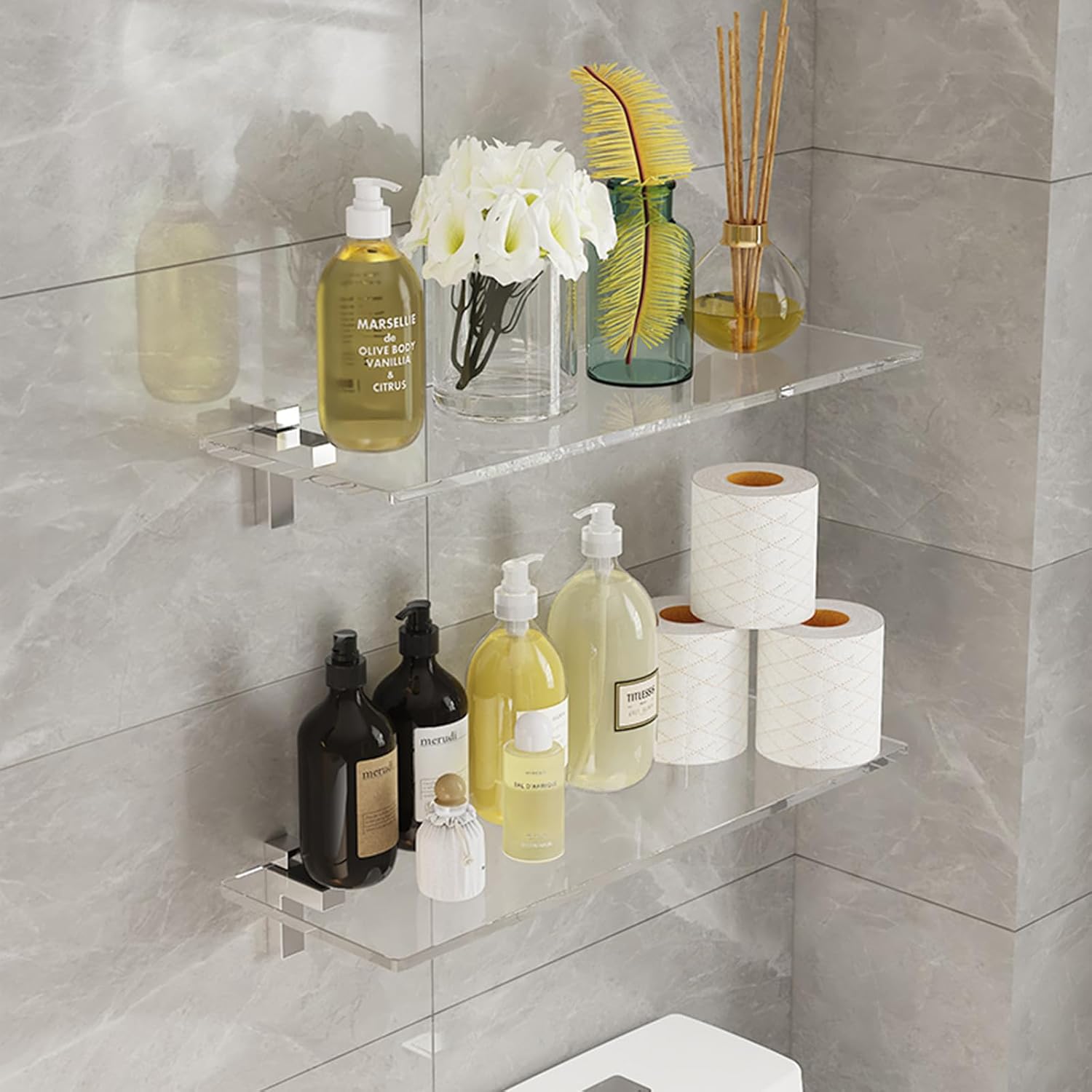 Clear Acrylic Shelf, Set of 2 Invisible Wall Shelves Wall Mounted Display Shelf, Floating Shelves for Bathroom, Bedroom, Living Room, Kitchen, Office (13.8 Inch Set of 4)