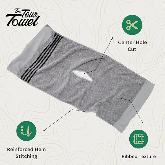 The Tour Towel | Large Golf Caddy Towel Terry Cloth, Absorbent 19 x 44, Center Cut, Perfect Hang Golf Cart Accessory and Golf Bag, Multiple Colors