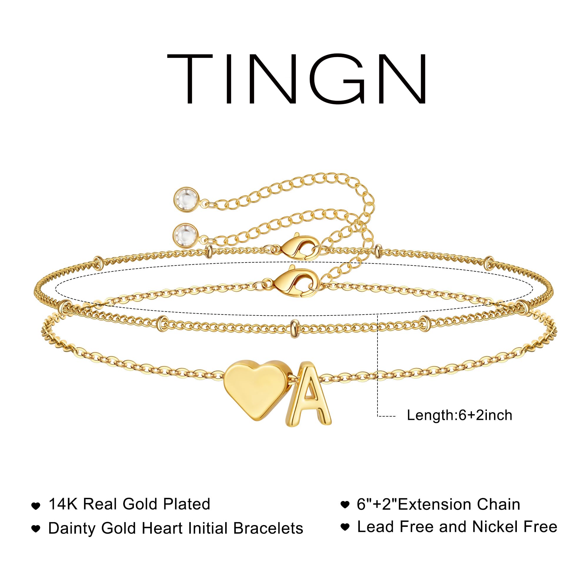 TINGN Bransoletka damska, złota, srebro - 14 K pozłacane serce, wielowarstwowa bransoletka z literami, monogramem, alfabetem, biżuteria damska, prezent dla kobiet, przyjaciółek, dziewcząt