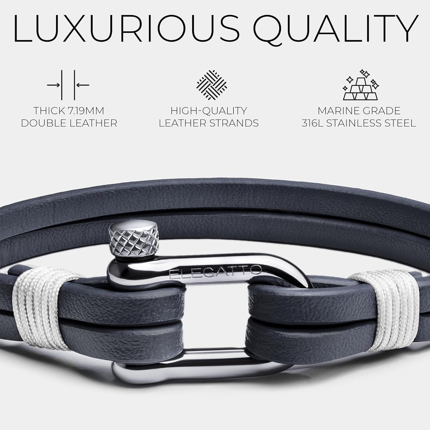 Elegatto Kellmore Premium Leather Bracelet for Men | Double Full-Grain Leather with Silver Polished Stainless Steel Shackle Closure | Men’s Designer Bracelet - Image 3
