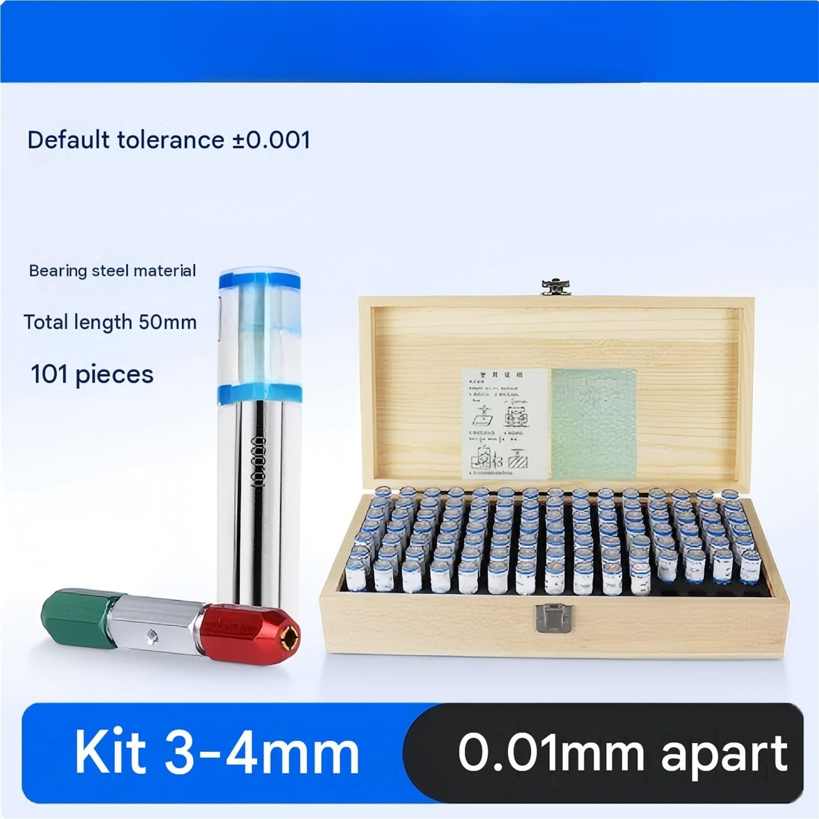 Set di calibri for pin da 101 pezzi, intervallo 3-4mm incremento 0,01 mm