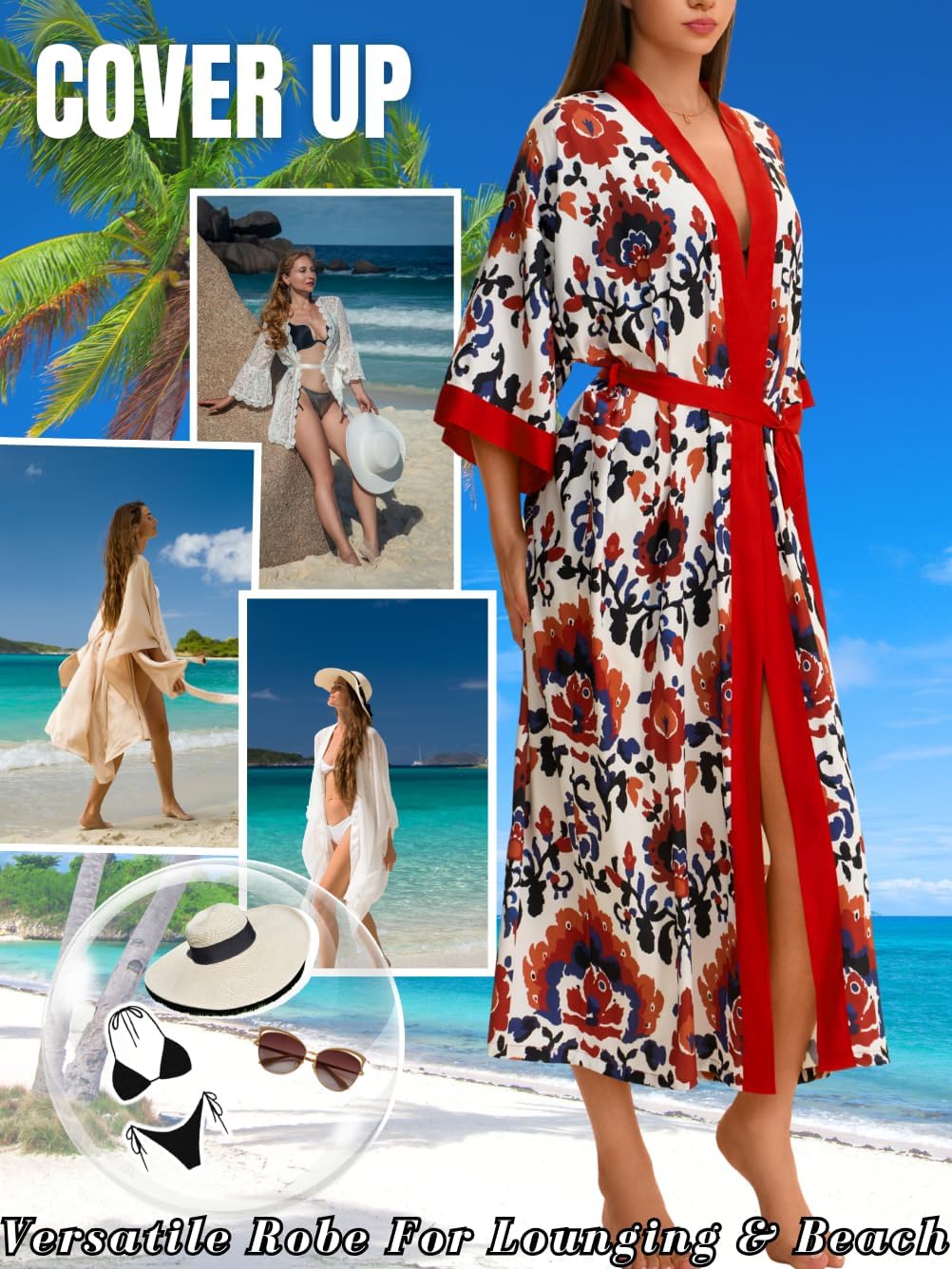 Women's Fancy Print Satin Kimono Robe, Soft Silky Lightweight, Long Wedding Bridesmaid Robes Fits Sizes 0-12 - Image 7