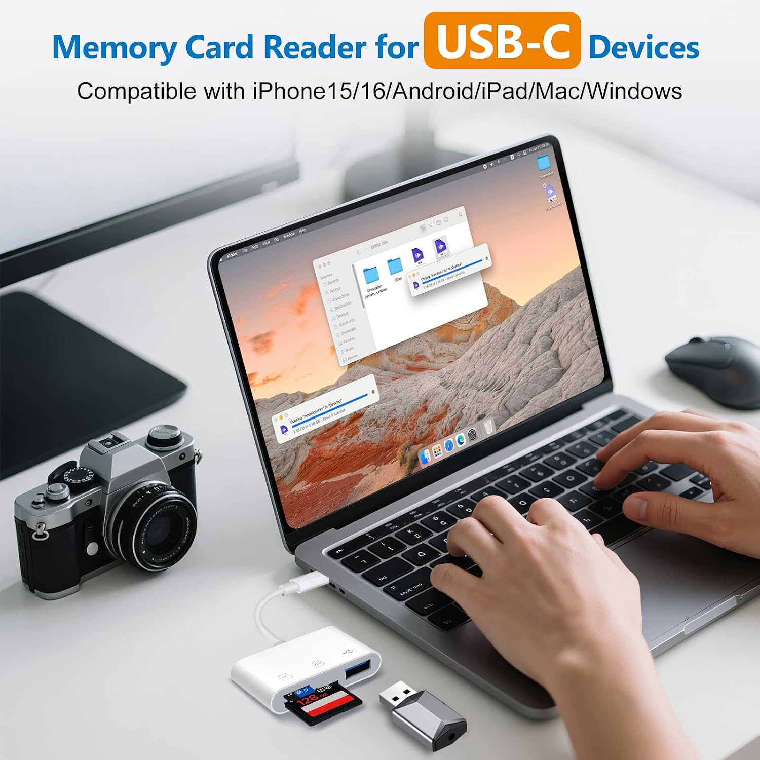 USB C SD Card Reader, ADRUDY SD Card Reader for iPhone 15 16 iPad/Mac/Android Devices, 3 in 1 Memory Card Reader with SD/MicroSD & USB Port, Plug and Play thumbnail