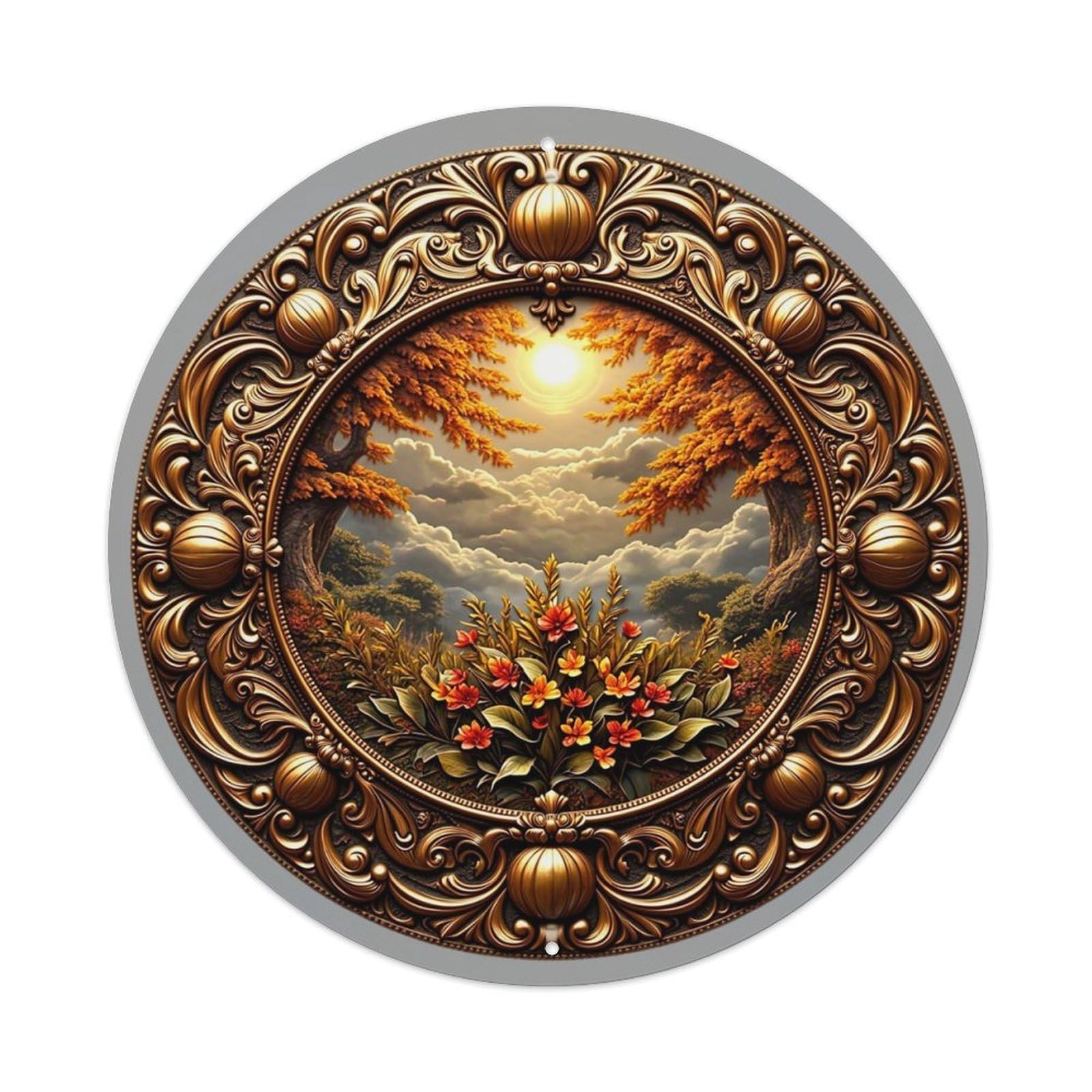 Autumn Landscape With Flowers And Sun Retro Metal Sign Round Tin Sign, Vintage Decor Art Poster for Bar, Home, Man Cave, Kitchen, Laundry Room Gift 8x8Inch