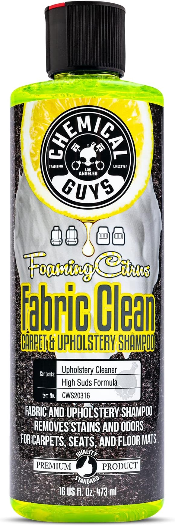 Chemical Guys Foaming Citrus Fabric Clean, Carpet and Upholstery Cleaner - Car Carpet Cleaner for Seats, and Floor Mats, Safe for Home, Office & More, Citrus Scent - 16 oz, 16 Fl Oz (Pack of 1)