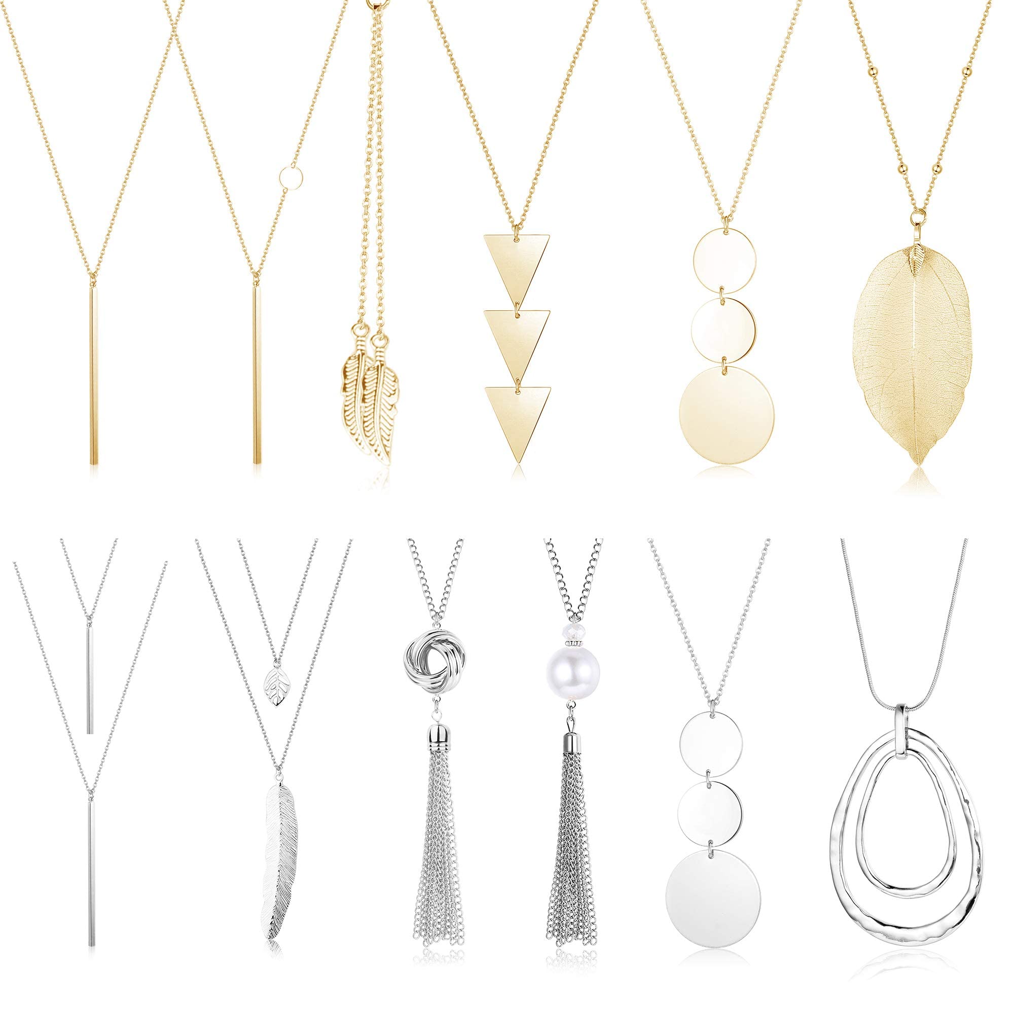 JeweBella 12 Piezas Collar Colgante Largo para Mujer Plata/Oro Boho Collar Colgante Barra Pluma Hoja de Y Borla Conjunto de Collar de Suéter Simple de Cadena Larga