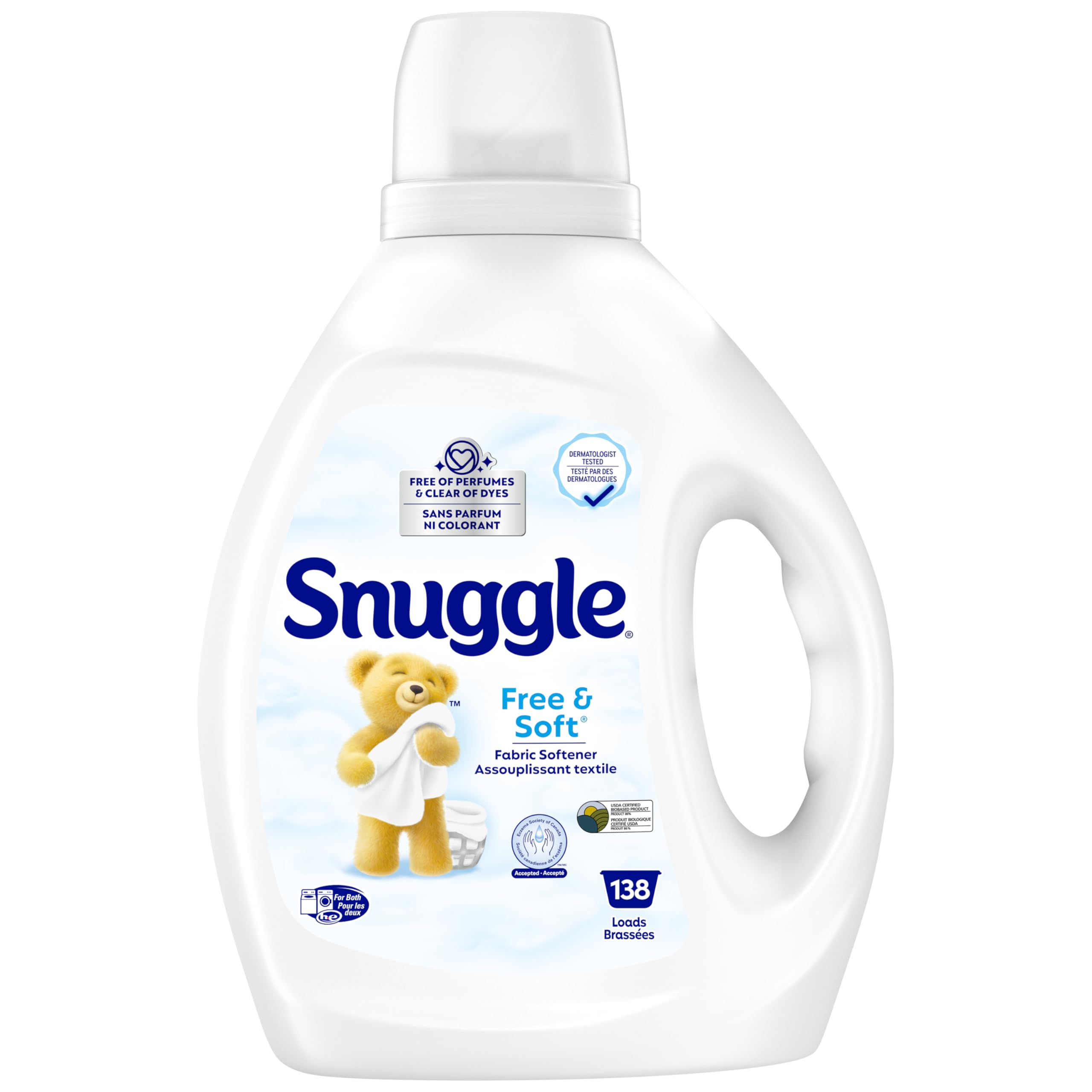 Snuggle Free and Soft Hypoallergenic Liquid Fabric Softener, Free of Perfumes and Clear of Dyes, Dermatologist Tested, Eczema Society of Canada Accepted, 2.77L, 138 Wash Loads, HE Compatible, 1 bottle
