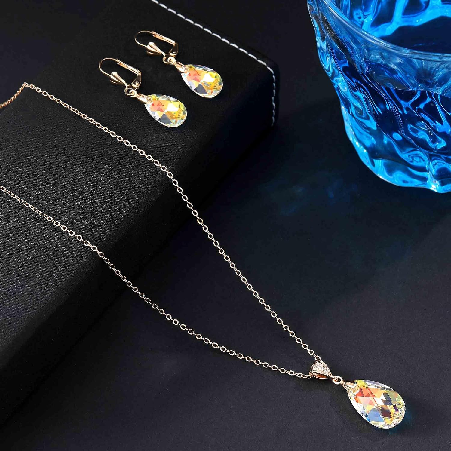 EVEVIC Austrian Crystals Teardrop Pendant Necklace Earrings for Women 14K Gold Plated Hypoallergenic Leverback Drop Dangle Earrings Jewelry Set