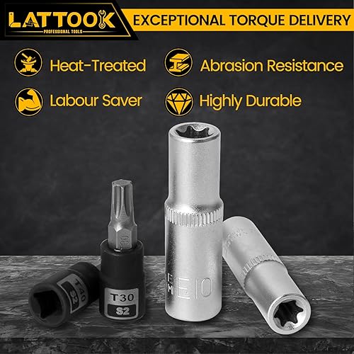 Miniatura 4 de LATTOOK Juego de 13 llaves de vaso Torx de 14 pulgadas y hembra externas de acero, S2 y Cr-V, 5 piezas Torx Star Bits Socket y 6 enchufes E-Torx