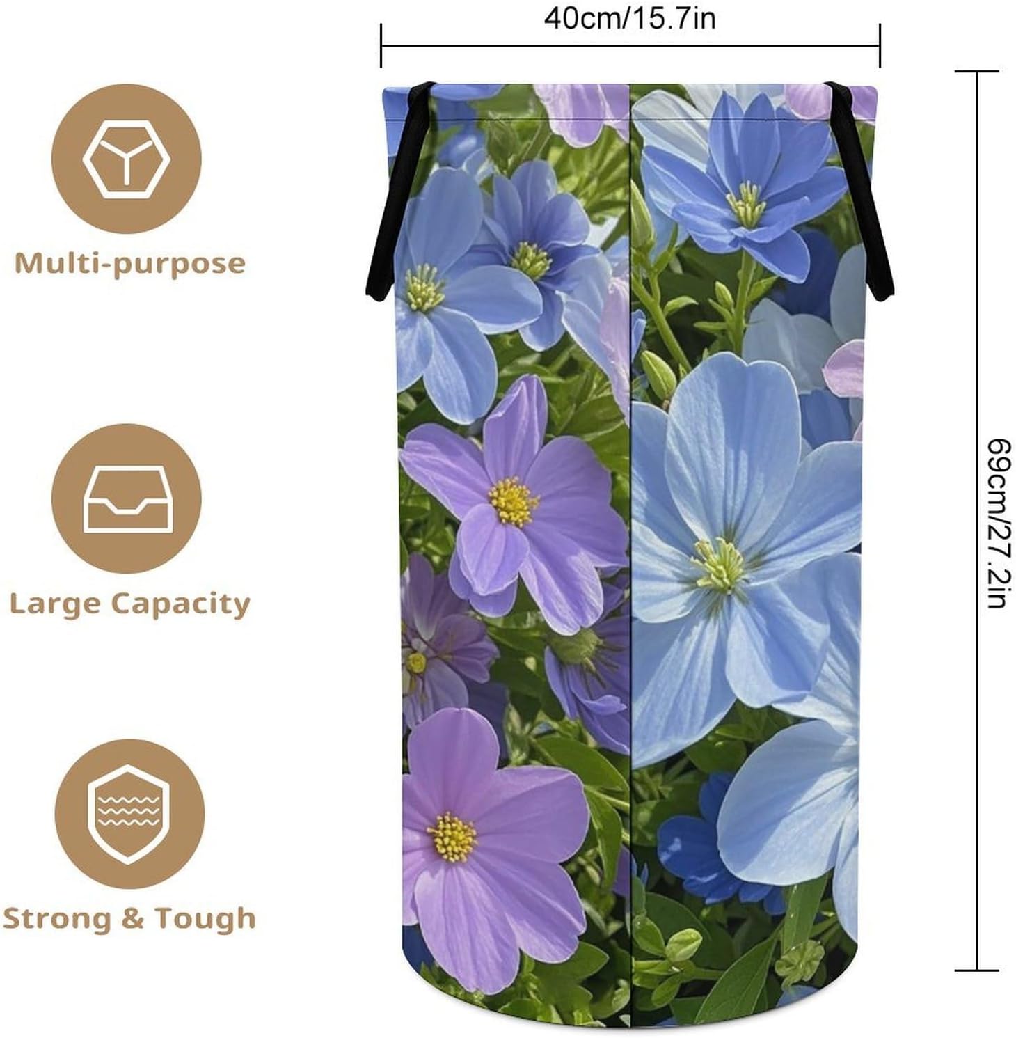 Blue Purple Flowers Laundry Basket 86L Laundry Hamper | Collapsible Clothes Hamper with Reinforced Handles Waterproof Tall Foldable Dirty Clothes Basket for Hotel, Home, Closet