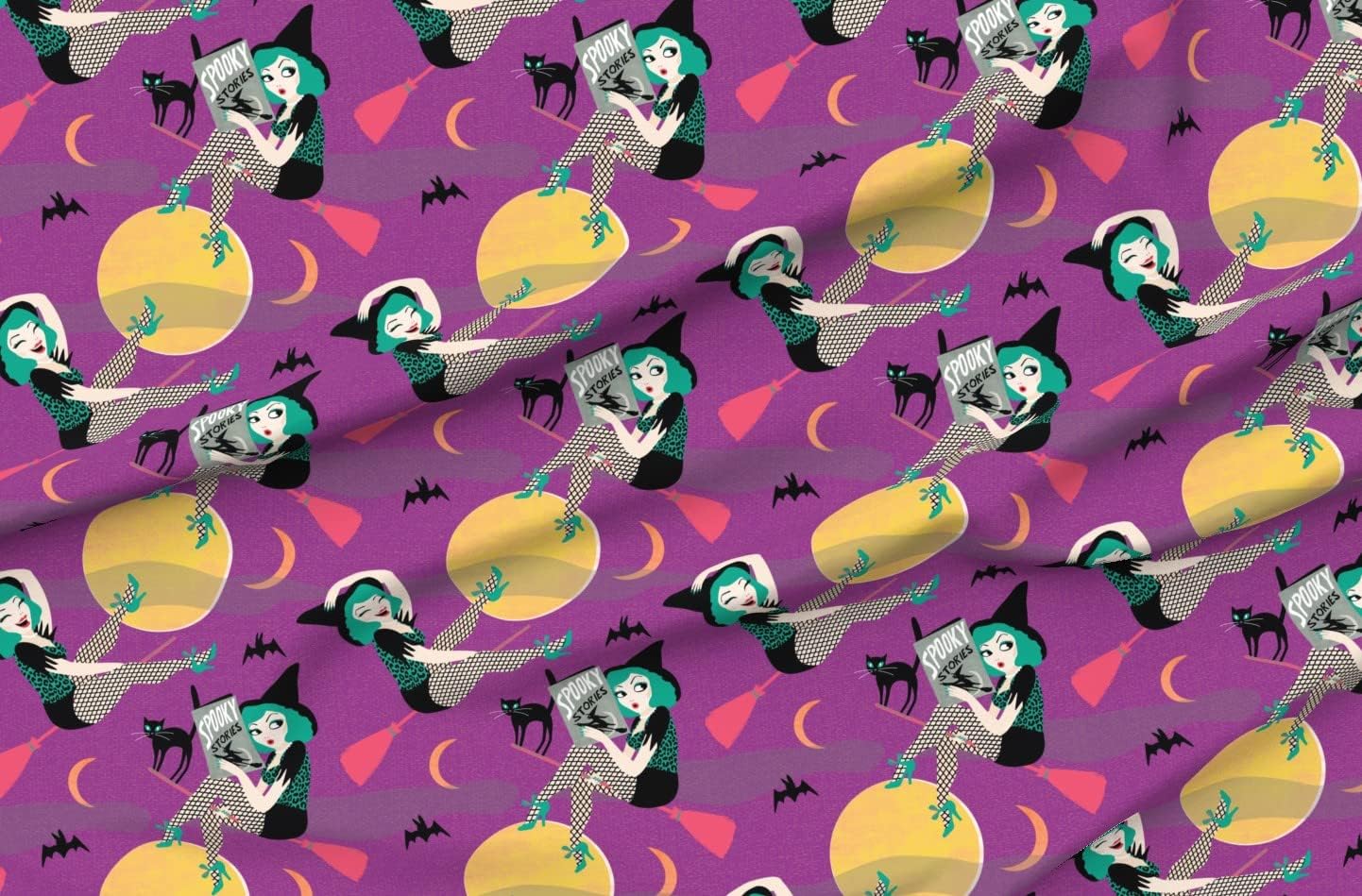 Spoonflower Fabric - Vintage Halloween Witch Girl Purple Green Moon Black Cat Cute Retro Printed on Minky Fabric by The Yard - Sewing Baby Blankets Quilt Backing Plush