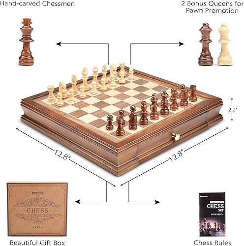Miniatura 7 de AMEROUS Juego de ajedrez magnético de madera de 12.8 x 12.8 pulgadas con 2 cajones de almacenamiento integrados, 2 reinas adicionales, embalaje de