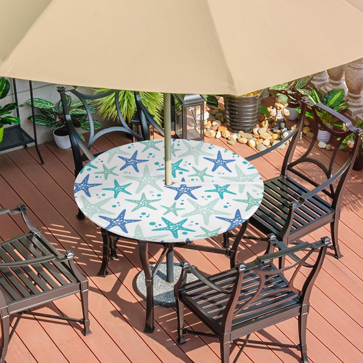 Fitted Round Tablecloth with Umbrella Hole and Zipper Starfish Outdoor Elastic Table Cloth 45"-56" Oil-Proof Waterproof Blue Starfishes Patio Table Cover for Picnic Party