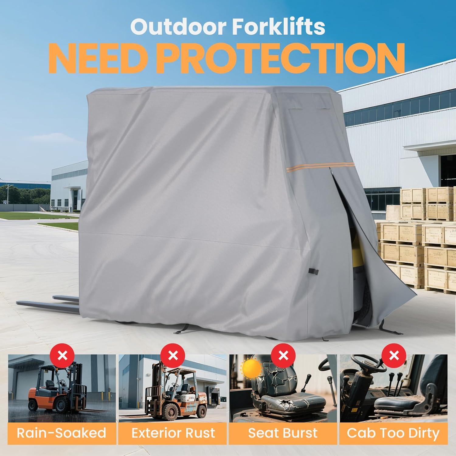 SANTIANO Forklift Cover, Fit 3000-5000lbs, Waterproof, Dustproof, UV-Proof, 420DSilver-Coated Waterproof Oxford Cloth, All-Season Protection Forklift Cab Cover, 102 "*45" *82 "Inches, (Sliver-5000LBS)
