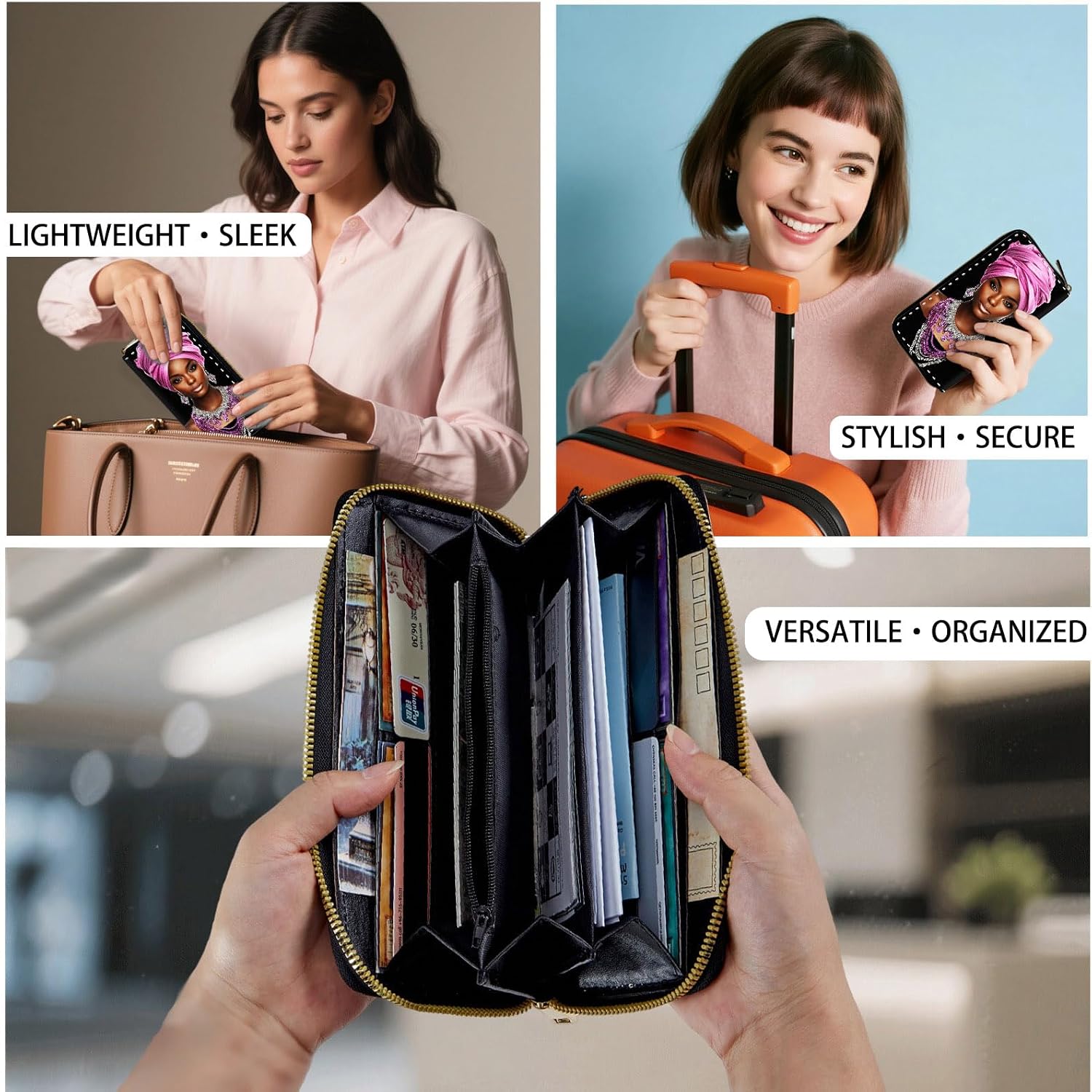 RFID-Blocking Zip Around Wallets for Women with Detachable Wrist Strap, Large Capacity Credit Card Holder for Secure Everyday Use,African American Women image 4
