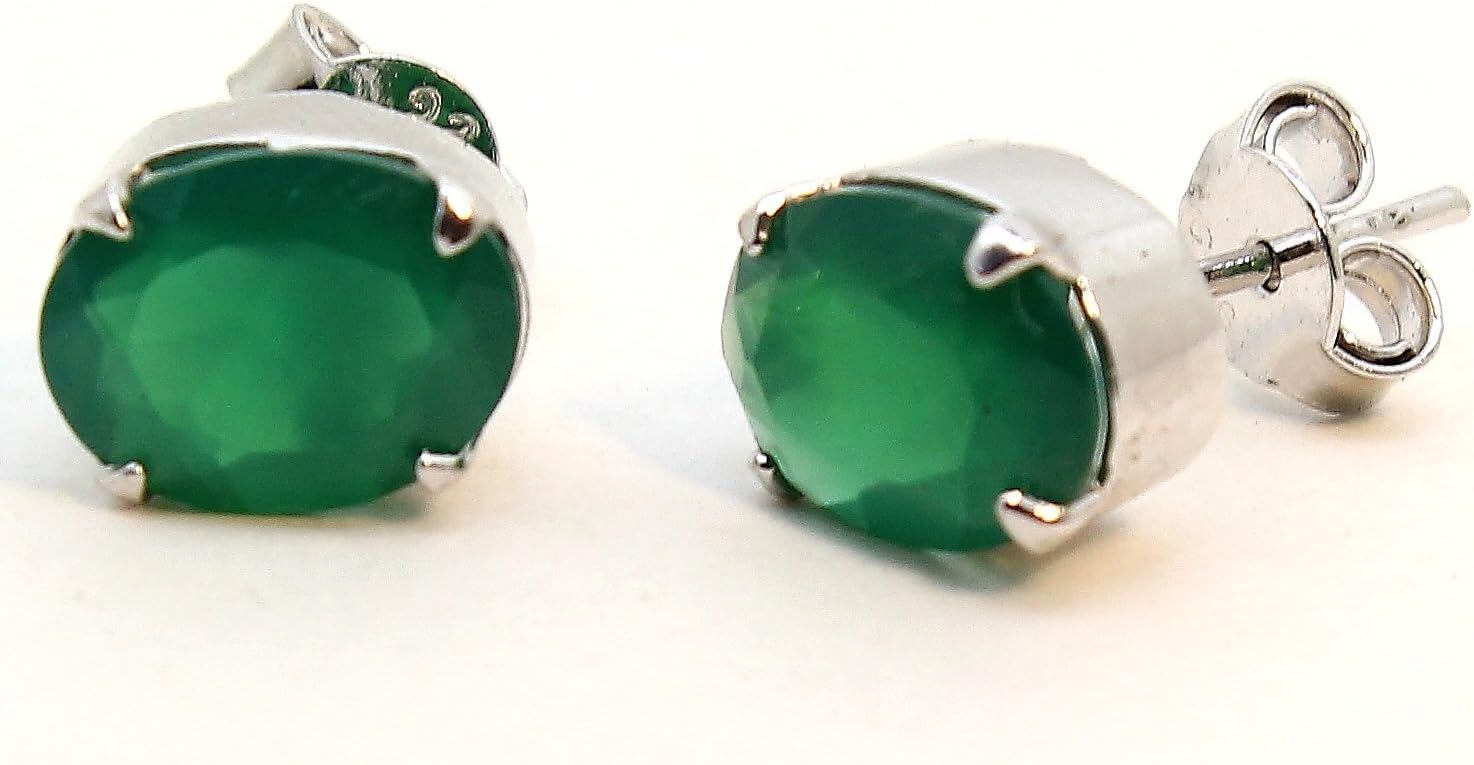 Neerupam Collection 92.5% Sterling Silver Natural Oval Green Onyx Solitaire Stud Earrings