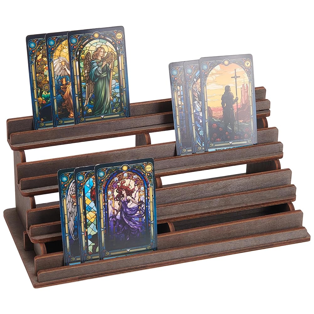 UNICRAFTALE 4-Tier Wooden Board Game Card Holder Dark Brown Cards Display Riser 14x29x11.4cm Solid Wood Card Playing Holder Stand for Bridge Canasta Strategy Games Tabletop Organizer