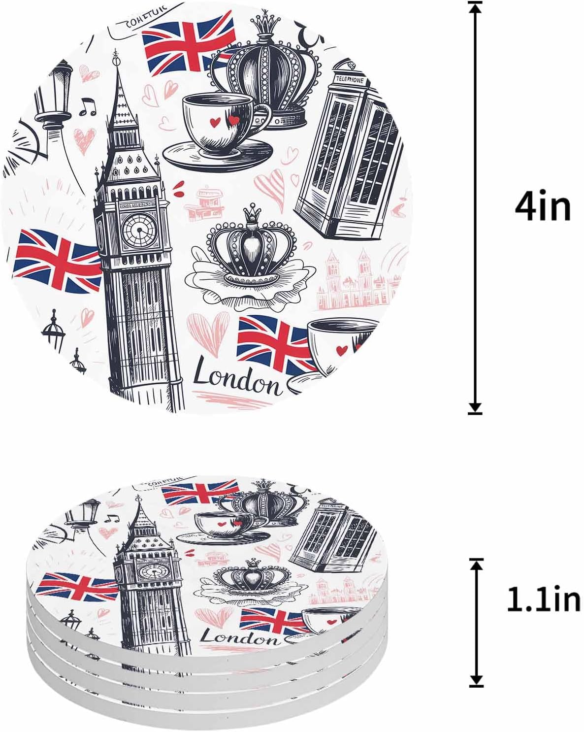 Vintage London Drink Coasters Set of 4 with Holder, Absorbent Round Ceramic Coasters for Desk, Farmhouse Coffee Country Cup Mats for Home Kitchen Office Party Coffee Table Decoration Supplies
