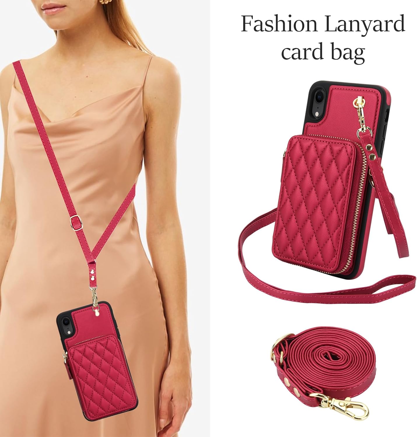 Wefor Compatible with iPhone XR Case Wallet Case Crossbody for Women, Zipper Phone Case with RFID Blocking Card Holder Wrist Strap Purse (Red)